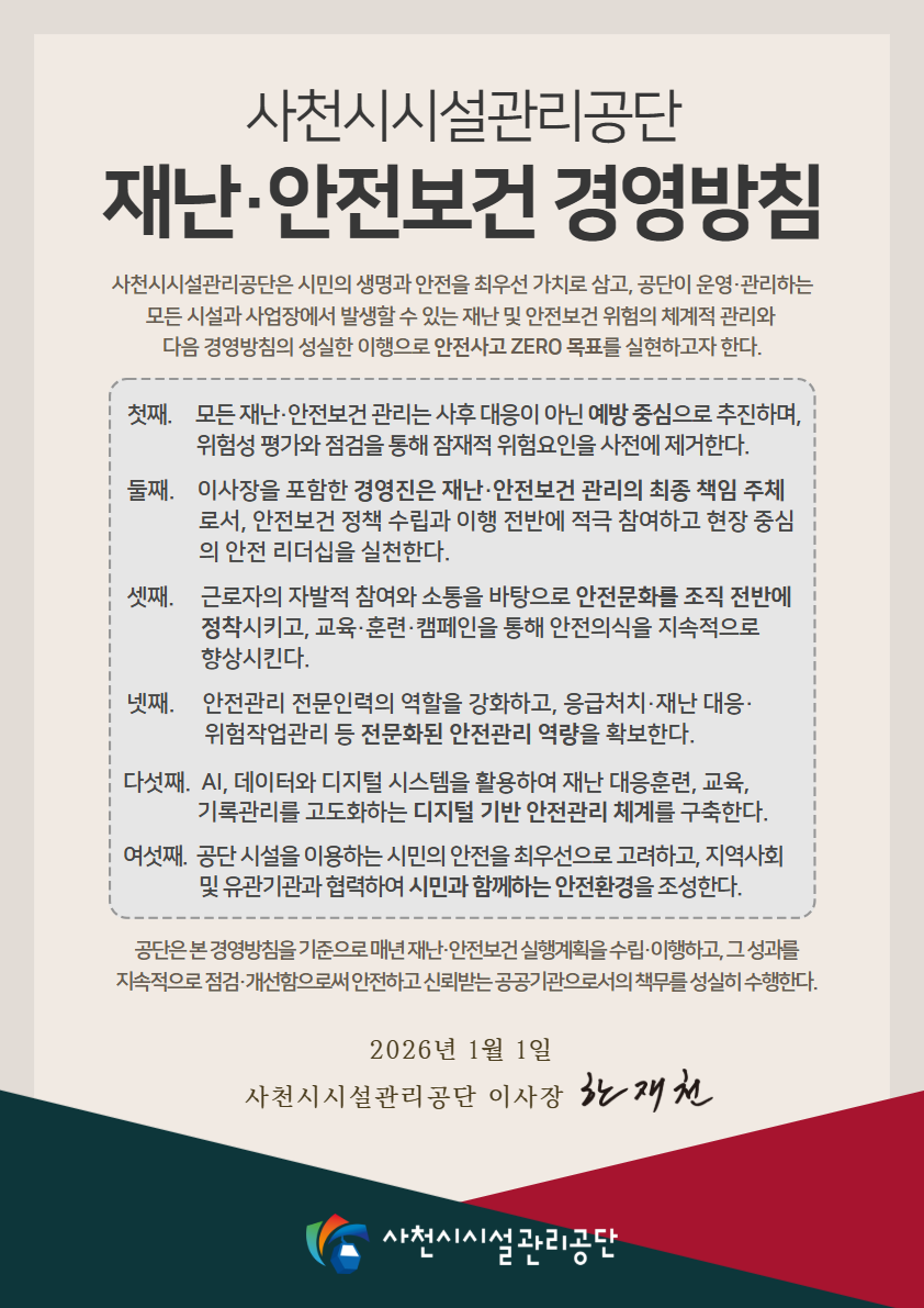 사천시시설관리공단 재난•안전보건 경영방침
사천시시설관리공단은 시민의 생명과 안전을 최우선 가치로 삼고, 공단이 운영•관리하는 모든 시설과 사업장에서 발생할 수 있는 재난 및 안전보건 위험의 체계적 관리와 다음 경영방침의 성실한 이행으로 안전사고 ZERO 목표를 실현하고자 한다.
첫째. 모든 재난•안전보건 관리는 사후 대응이 아닌 예방 중심으로 추진하며, 위험성 평가와 점검을 통해 잠재적 위험요인을 사전에 제거한다.
둘째. 이사장을 포함한 경영진은 재난안전보건 관리의 최종 책음 주체로서, 안전보건 정책 수립과 이행 전반에 적극 참여하고 현장 주심의 안전 리더십을 실전한다.
셋째. 근로자의 자발적 참여와 소통을 바탕으로 안전문화를 조직 전반에 정착시키고, 교육•훈련•캠페인을 통해 안전의식을 지속적으로 향상시킨다.
넷째. 안전관리 전문인력의 역할을 강화하고, 응급처치•재난 대응•위험작업관리 등 전문화된 안전관리 역량을 확보한다.
다섯째. AI, 데이터와 디지털 시스템을 활용하여 재난 대응훈련, 교육, 기록관리를 고도화하는 디지털 기반 안전관리 체계를 구축한다.
여섯째. 공단 시설을 이용하는 시민의 안전을 최우선으로 고려하고, 지역사회 및 유관기관과 협력하여 시민과 함께하는 안전환경을 조성한다.
공단은 본 경영방침을 기준으로 매년 재난•안전보건 실행계획을 수립•이행하고, 그 성과를 지속적으로 점검•개선함으로써 안전하고 신뢰받는 공공기관으로서의 책무를 성실히 수행한다.
2026년 1월 1일
사천시시설관리공단 이사장 한 재 천